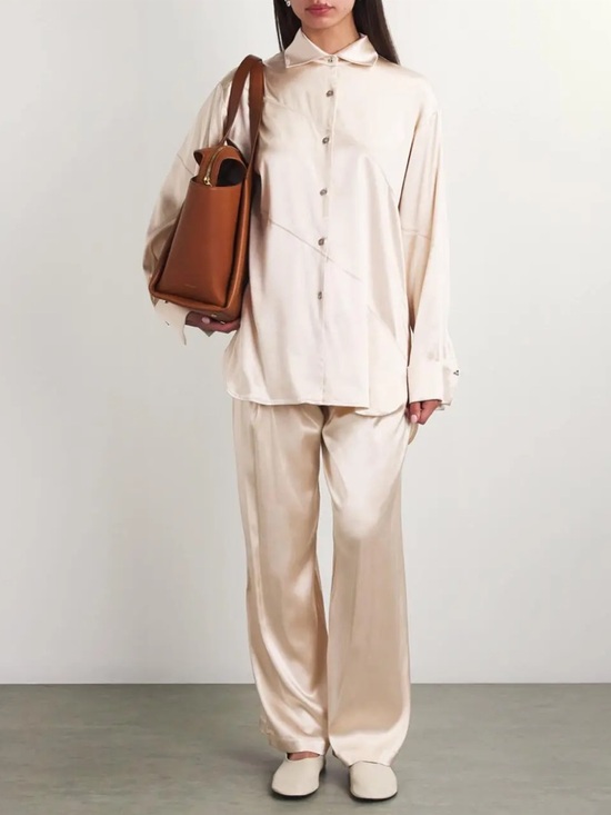 Aeron Tops - Aeron Abigail Satin Oversized Button-Up Shirt in Silver / shiny Crème